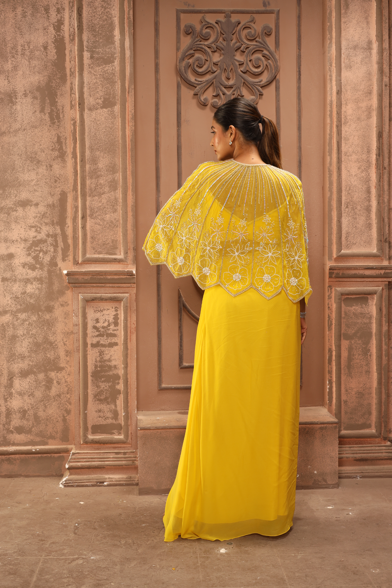 Cowl Skirt With Blouse And Cape
