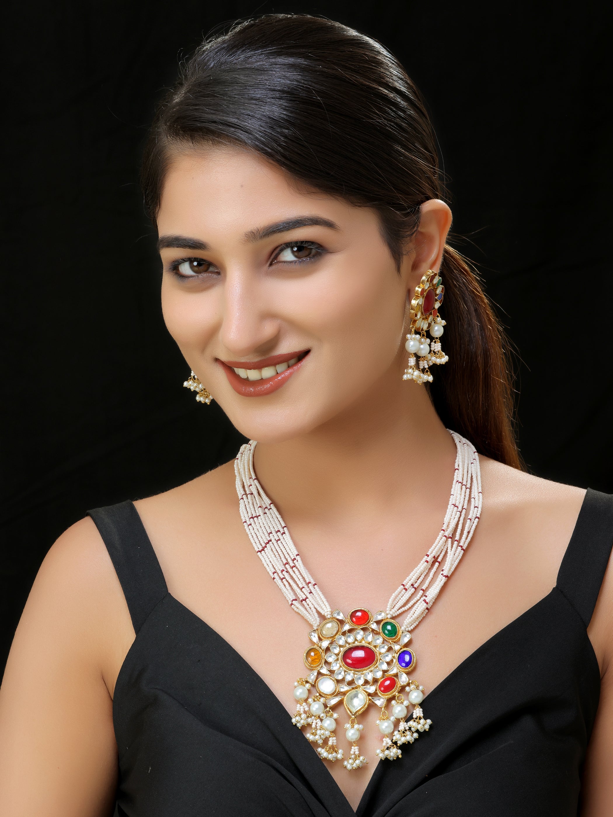 Gold finish Kundan Navratna Long pendant set