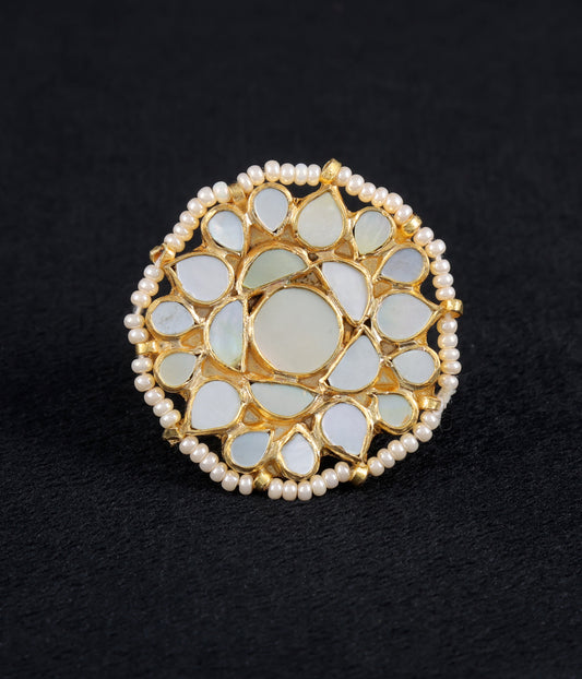 Gold finish kundan mother of pearls ring
