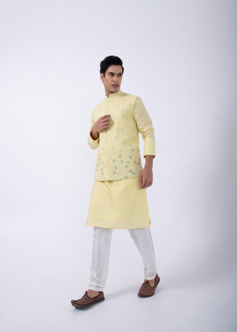 Yellow Sleeve Emb Kurta Set With Yellow-White Sleeve Emb Bundi