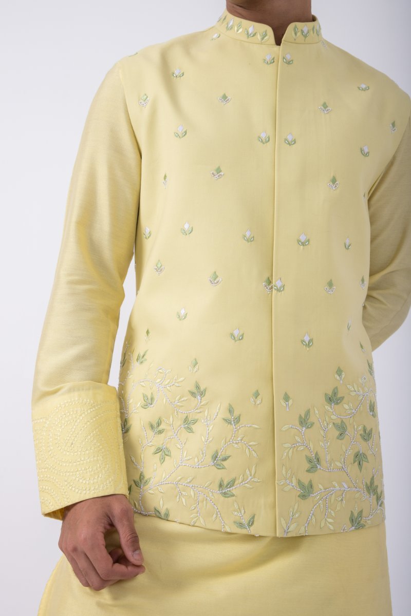 Yellow Sleeve Emb Kurta Set With Yellow-White Sleeve Emb Bundi