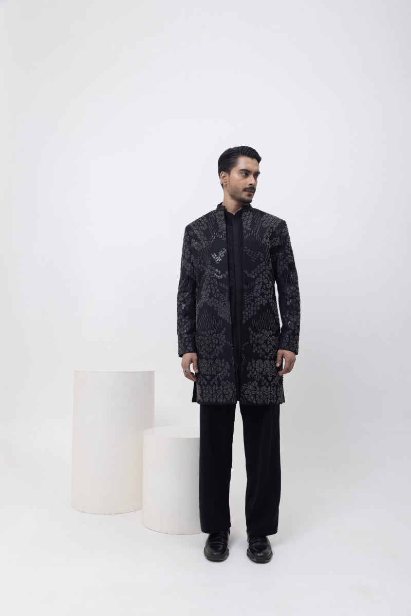 METALLIC MIDNIGHT INDOWESTERN OPEN JACKET WITH KURTA AND TROUSER SET