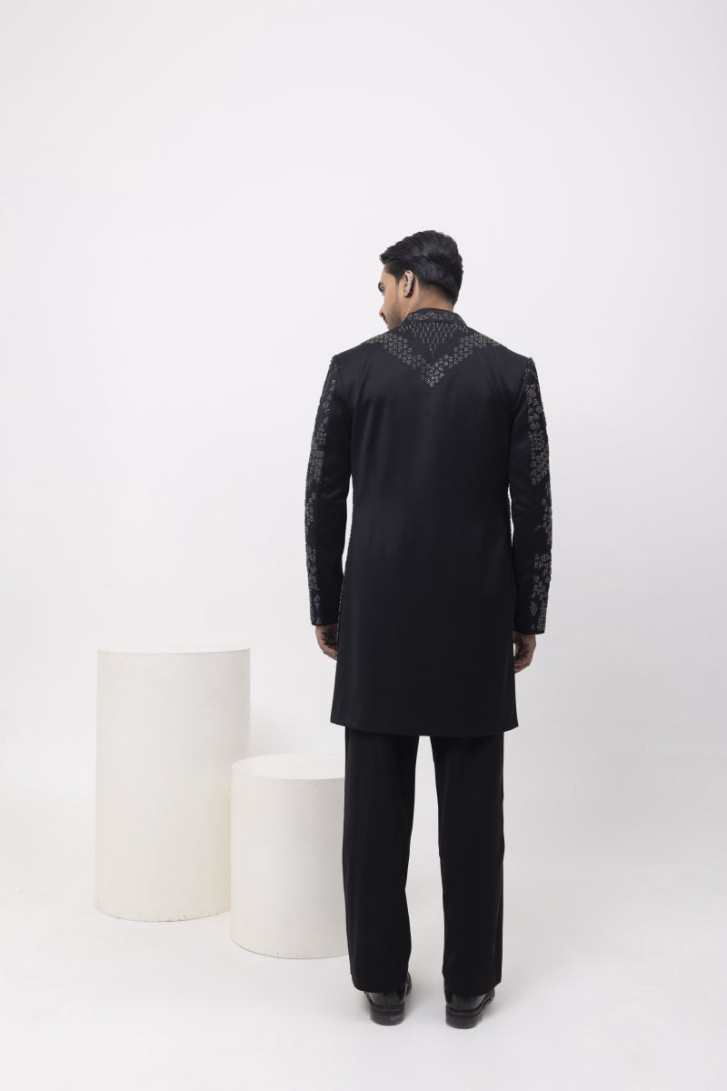METALLIC MIDNIGHT INDOWESTERN OPEN JACKET WITH KURTA AND TROUSER SET