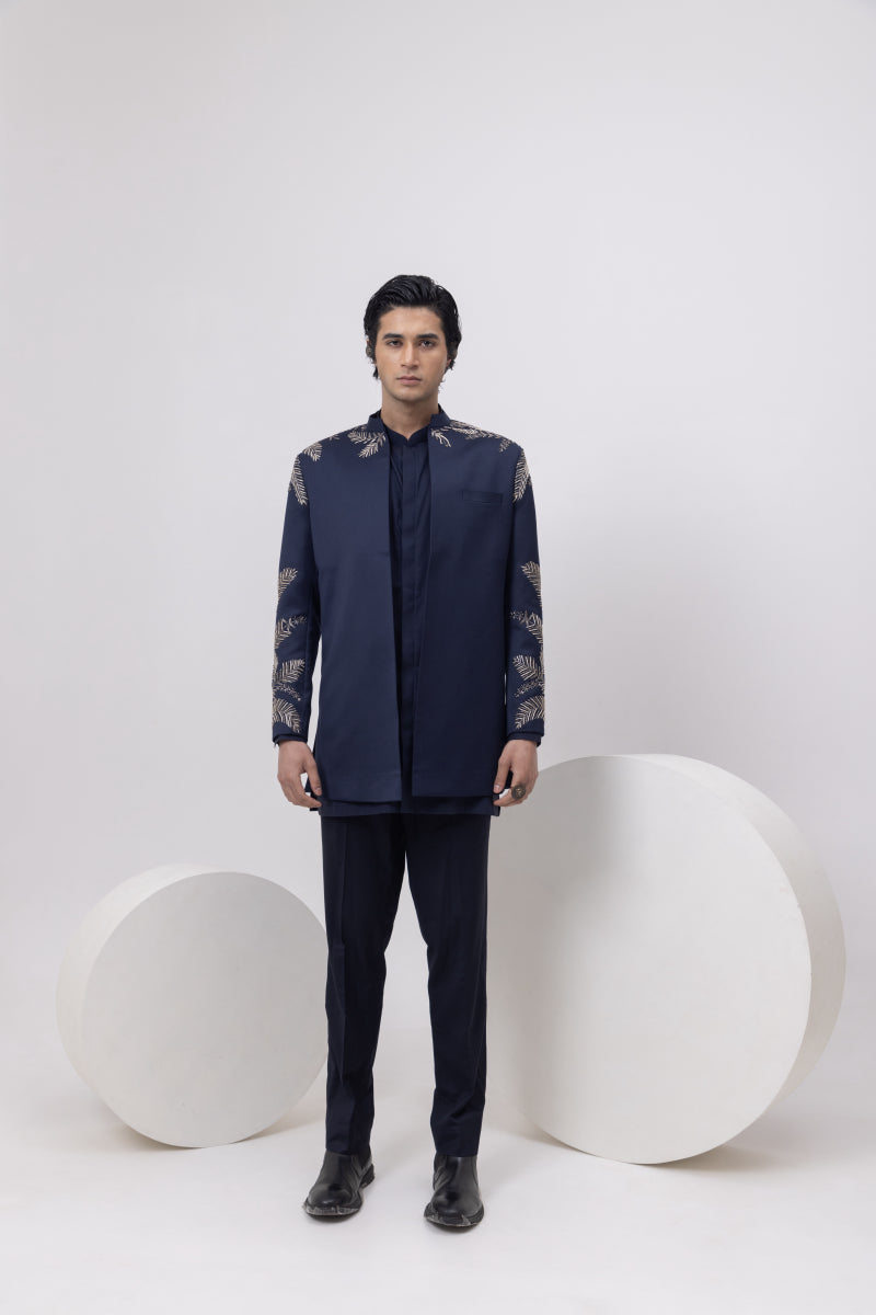 LEAF SILVER - INDOWESTERN SHORT OPEN JACKET WITH KURTA AND TROUSER SET