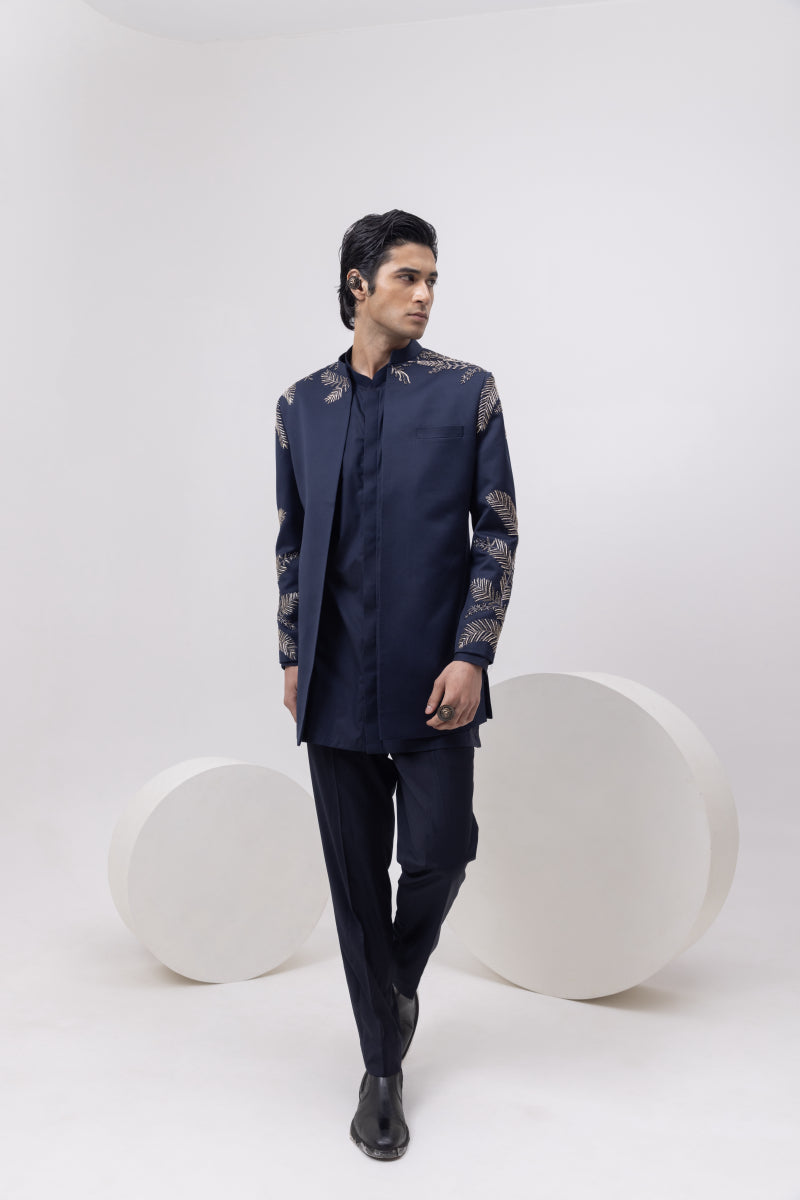LEAF SILVER - INDOWESTERN SHORT OPEN JACKET WITH KURTA AND TROUSER SET