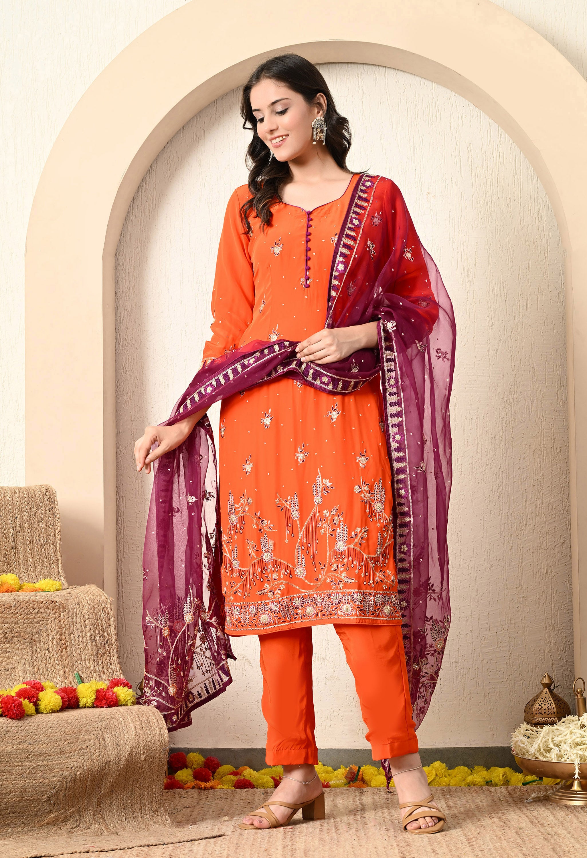 Orange Embroidered Kurta Set