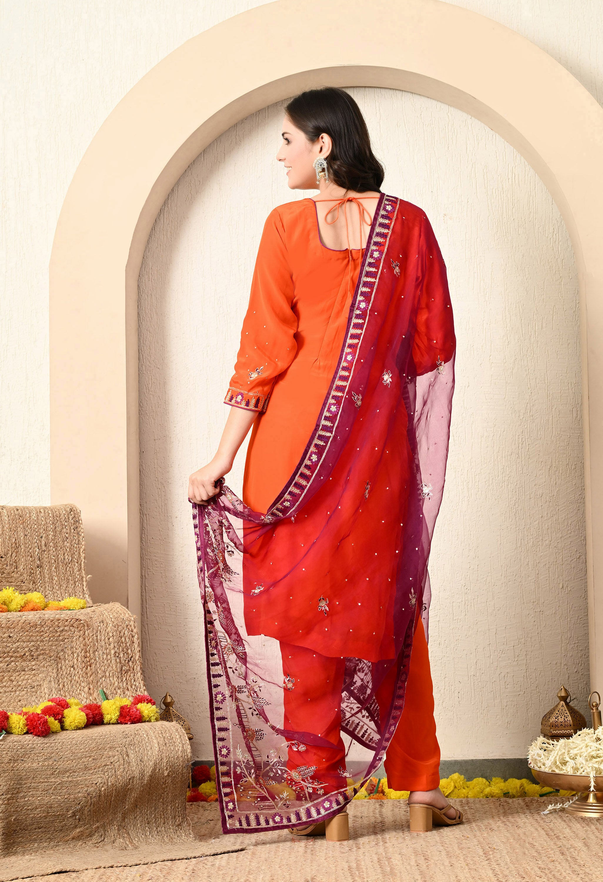 Orange Embroidered Kurta Set