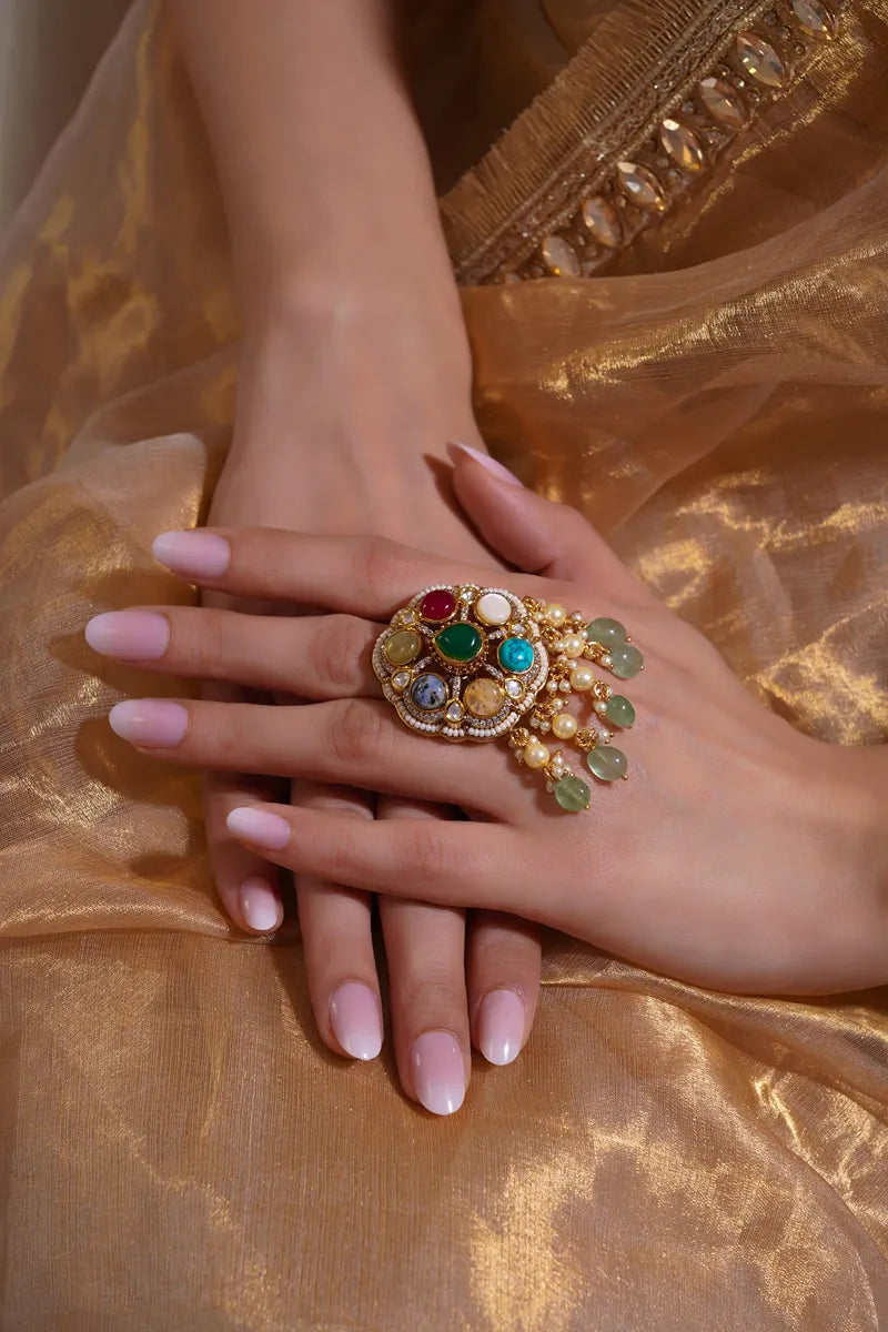 Navratna Pearl Drop Heritage Ring