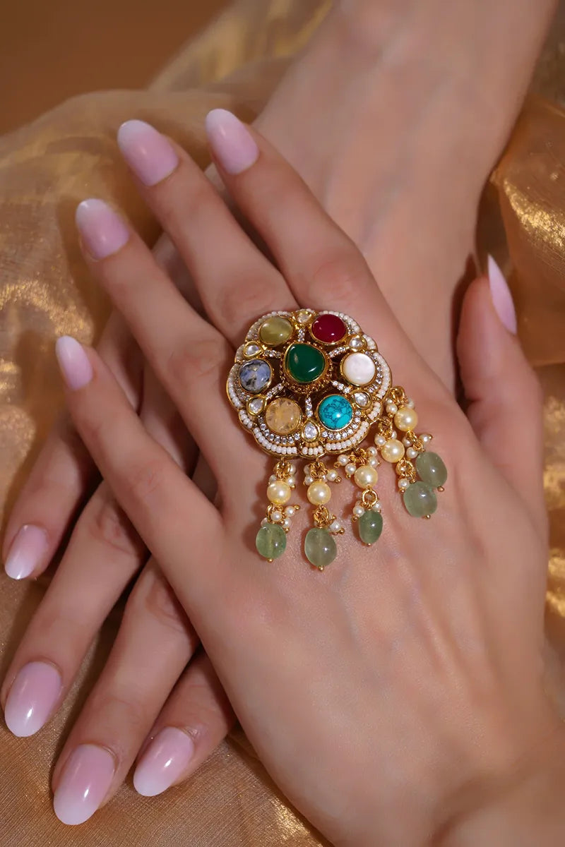 Navratna Pearl Drop Heritage Ring