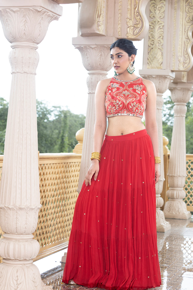CROP TOP + SKIRT - AMAAYA RED (SOLID)