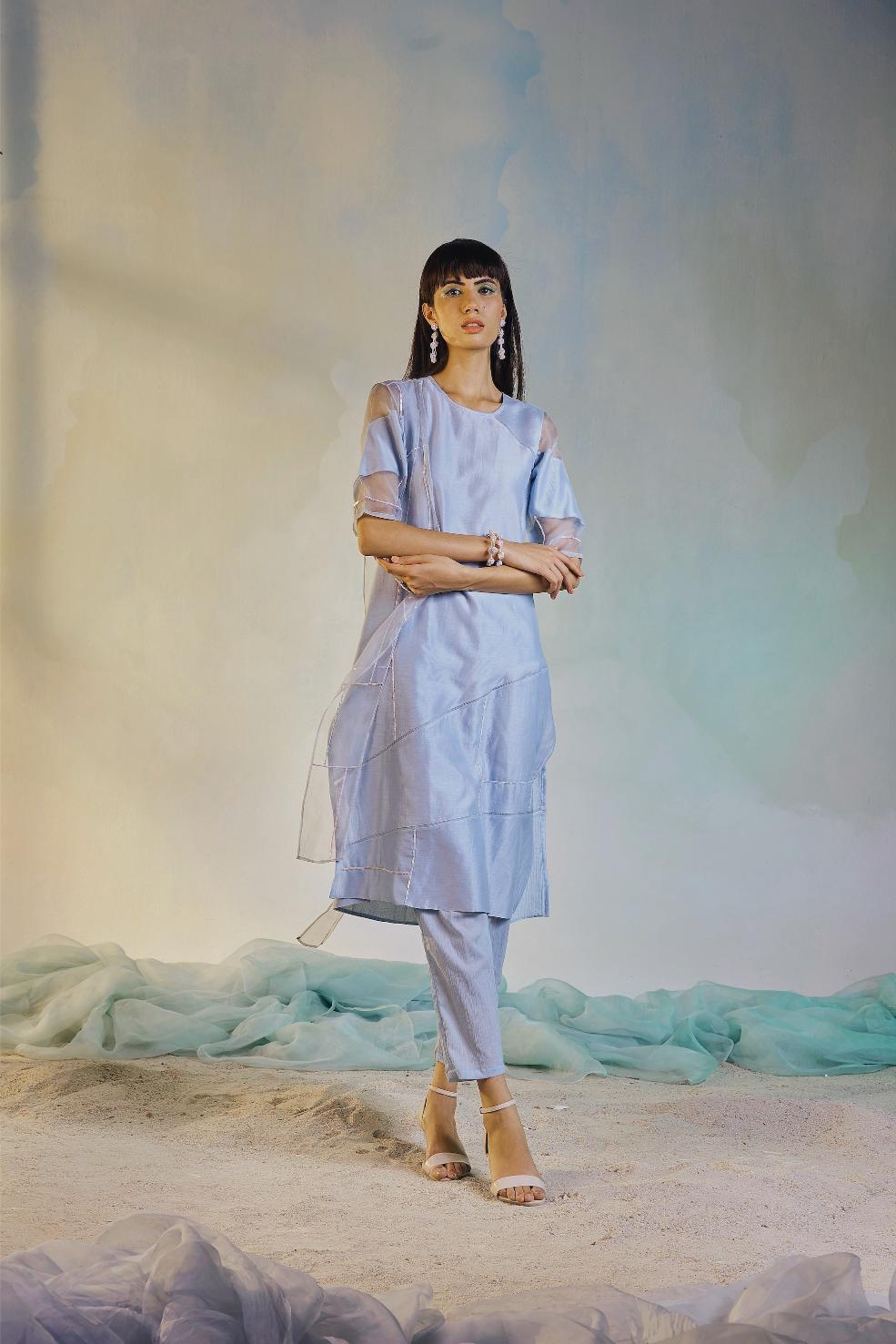 Sequin Kurta With Organza Trims -set of 3