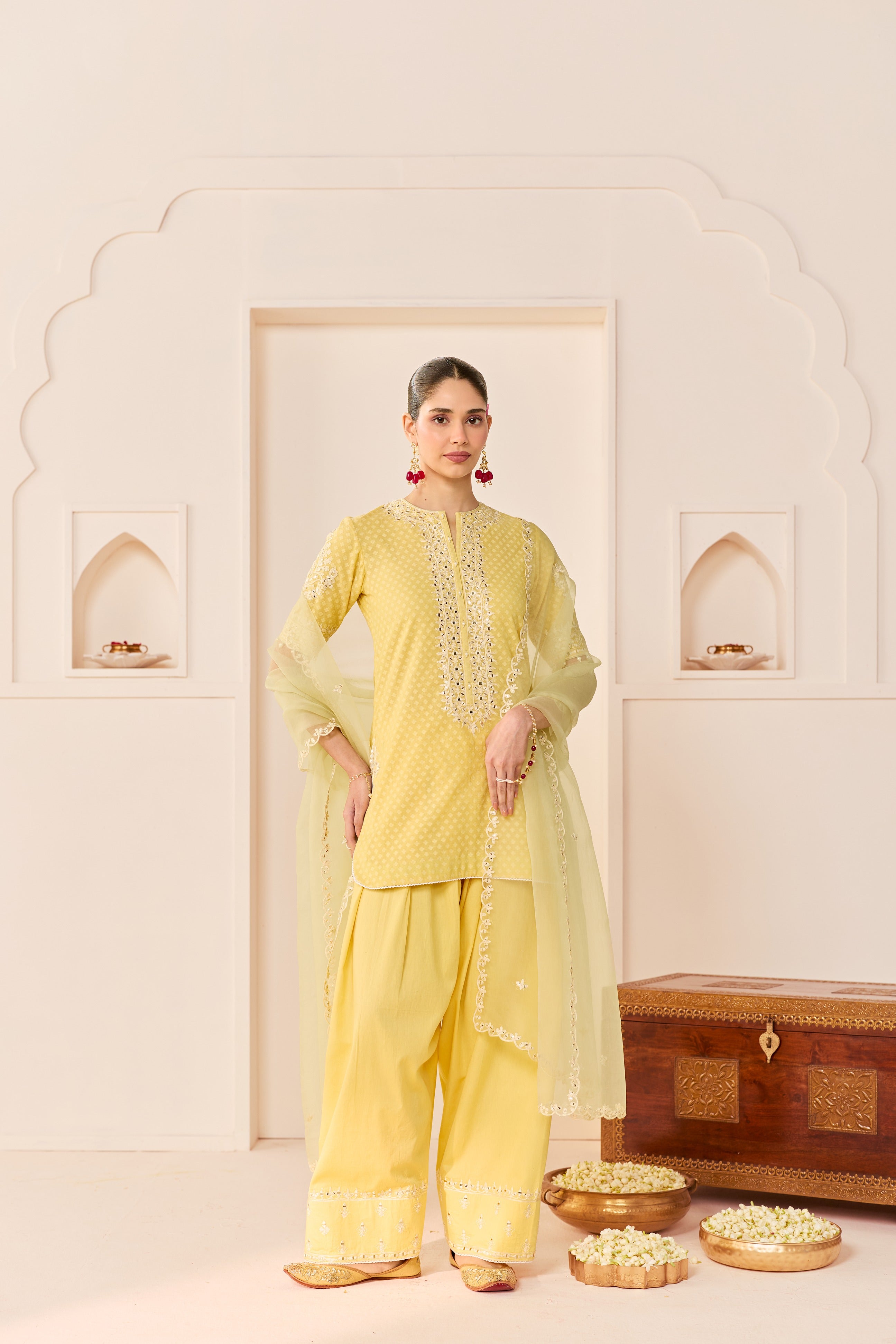 ANAISHA - LEMON YELLOW SHORT KURTA WITH FARSHI SALWAR AND DUPATTA