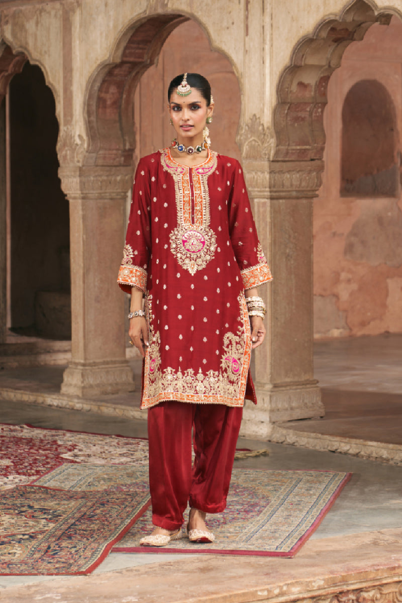 ANILA - DEEP RED SHORT KURTA WITH SALWAR