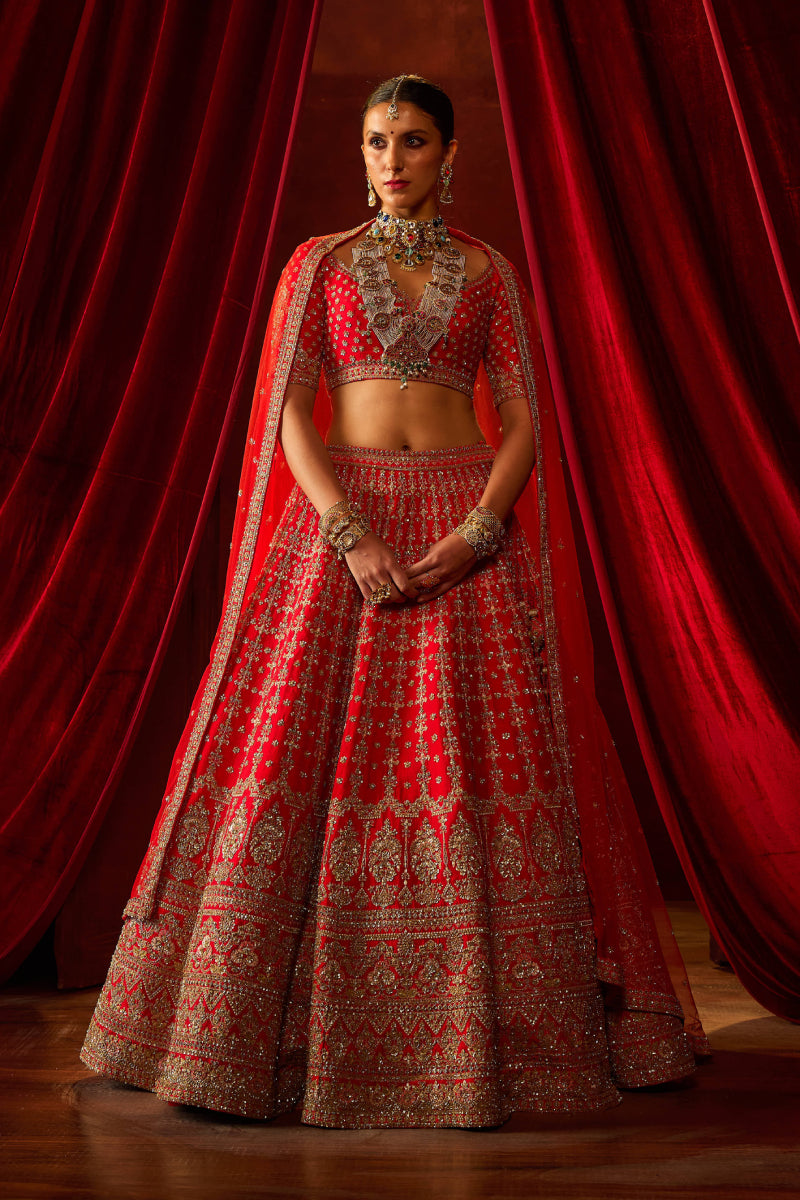 Red Raw Silk Hand & Machine Embroidered Lehenga Set