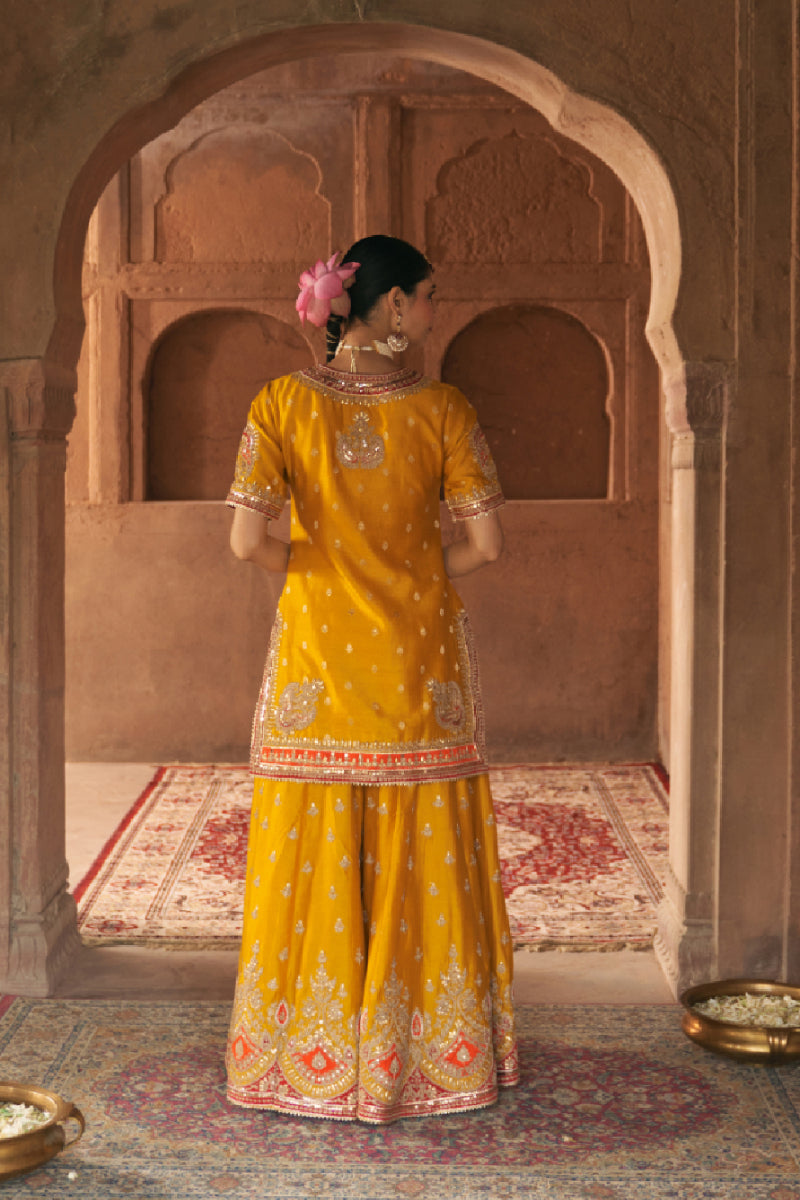 AREESHA - MUSTARD SHORT KURTA WITH SHARARA AND DUPATTA