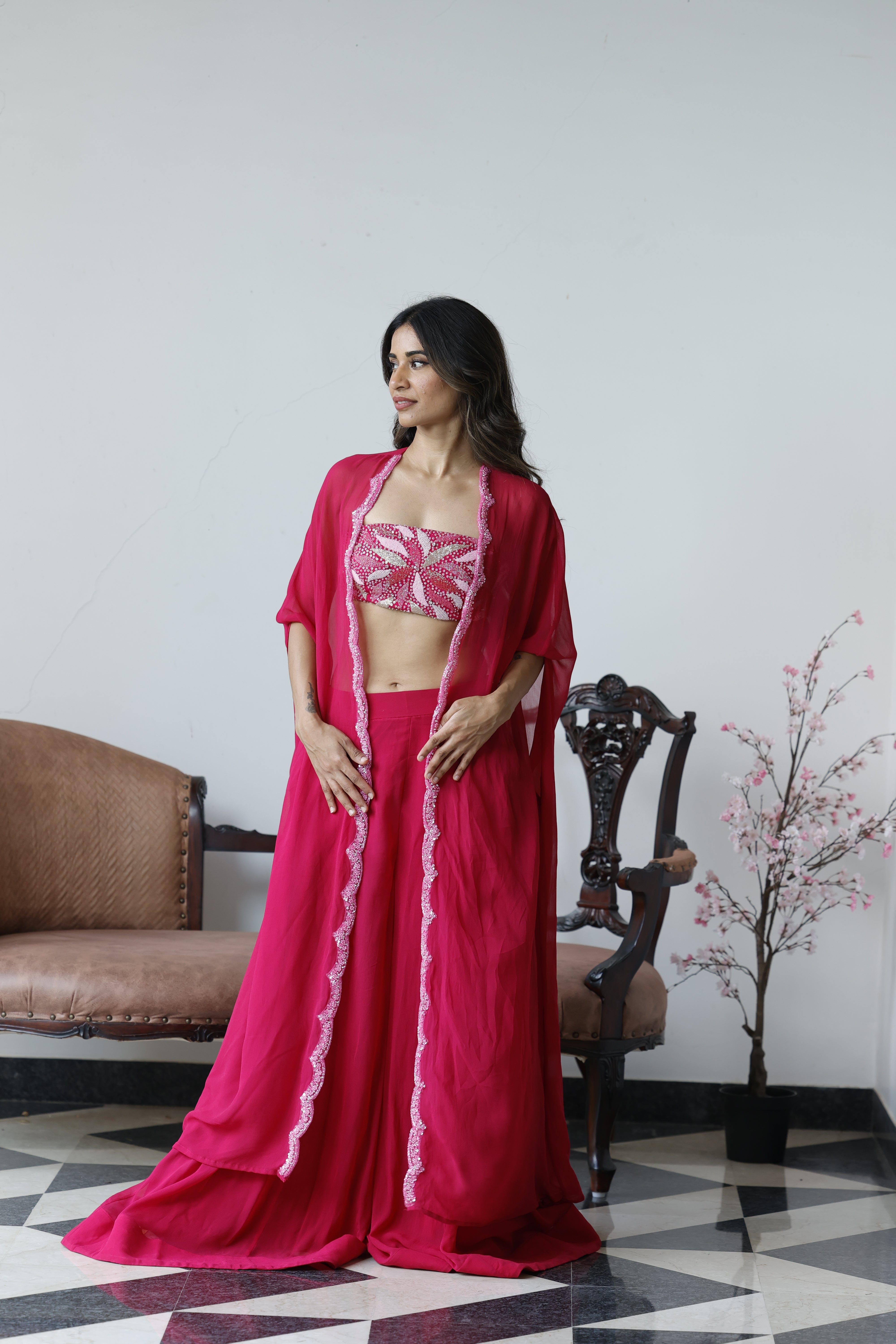 Pink Bandeau Top With Cape And Pants