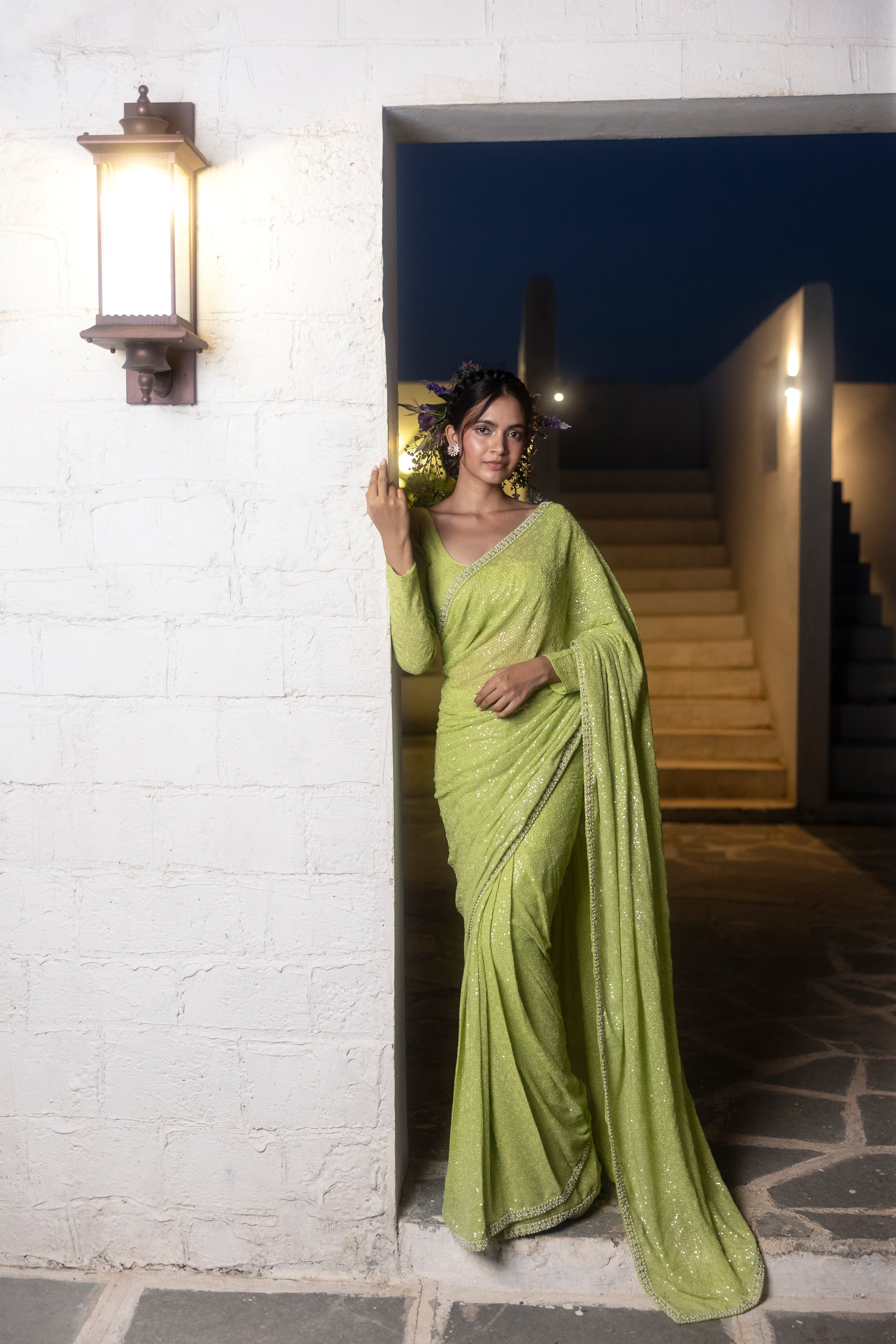 Lime Green Thread Embroidered Blouse With Sequin Embroidered Saree