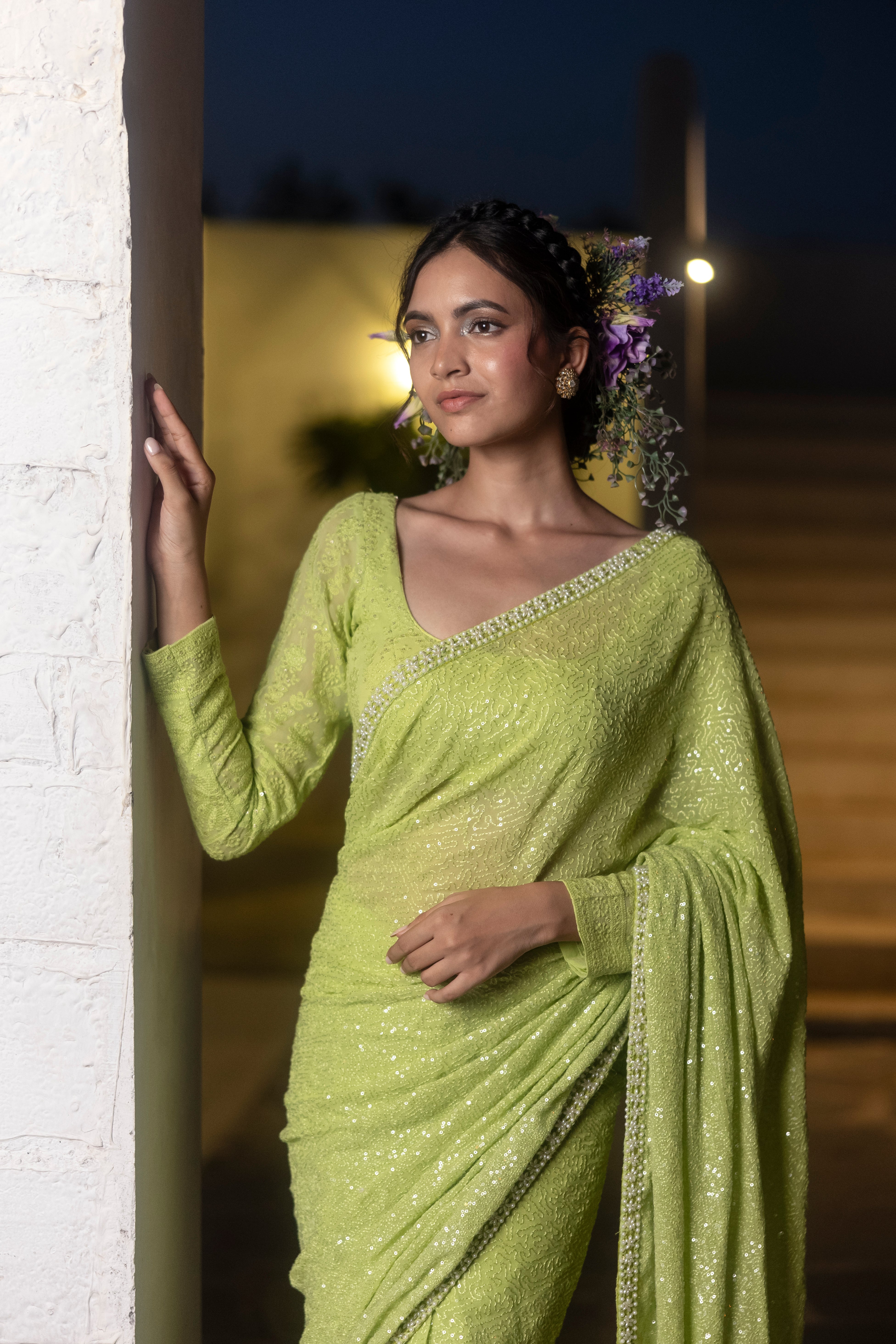 Lime Green Thread Embroidered Blouse With Sequin Embroidered Saree