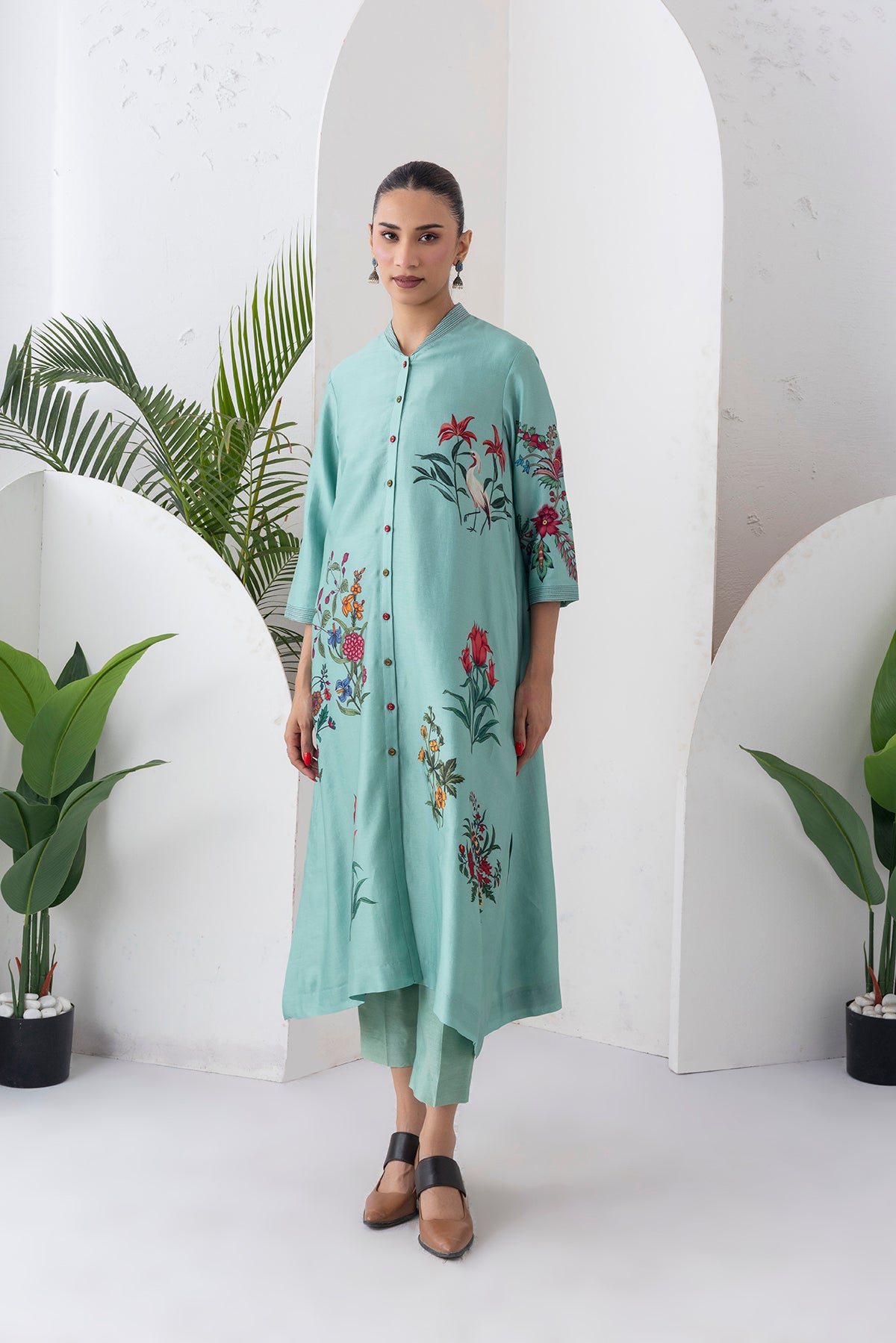 Mint Silk Chanderi Floral Printed Front Open Dress