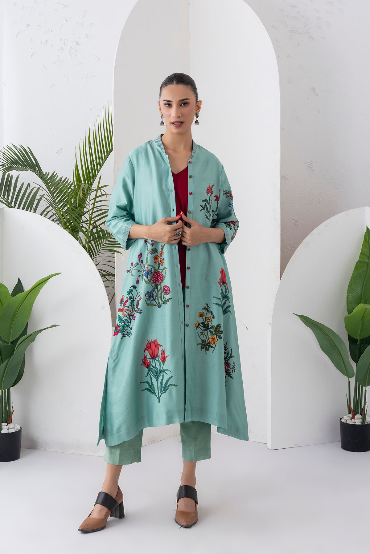 Mint Silk Chanderi Floral Printed Front Open Dress