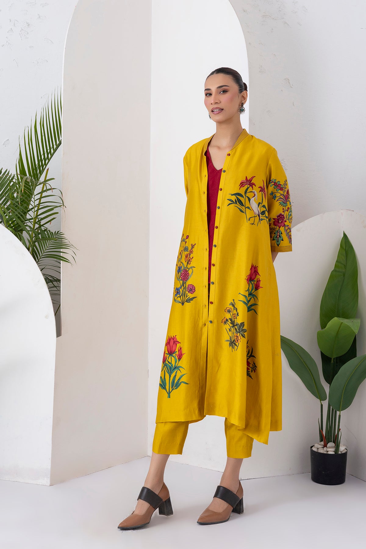 Yellow Silk Chanderi Floral Printed Front Open Dress