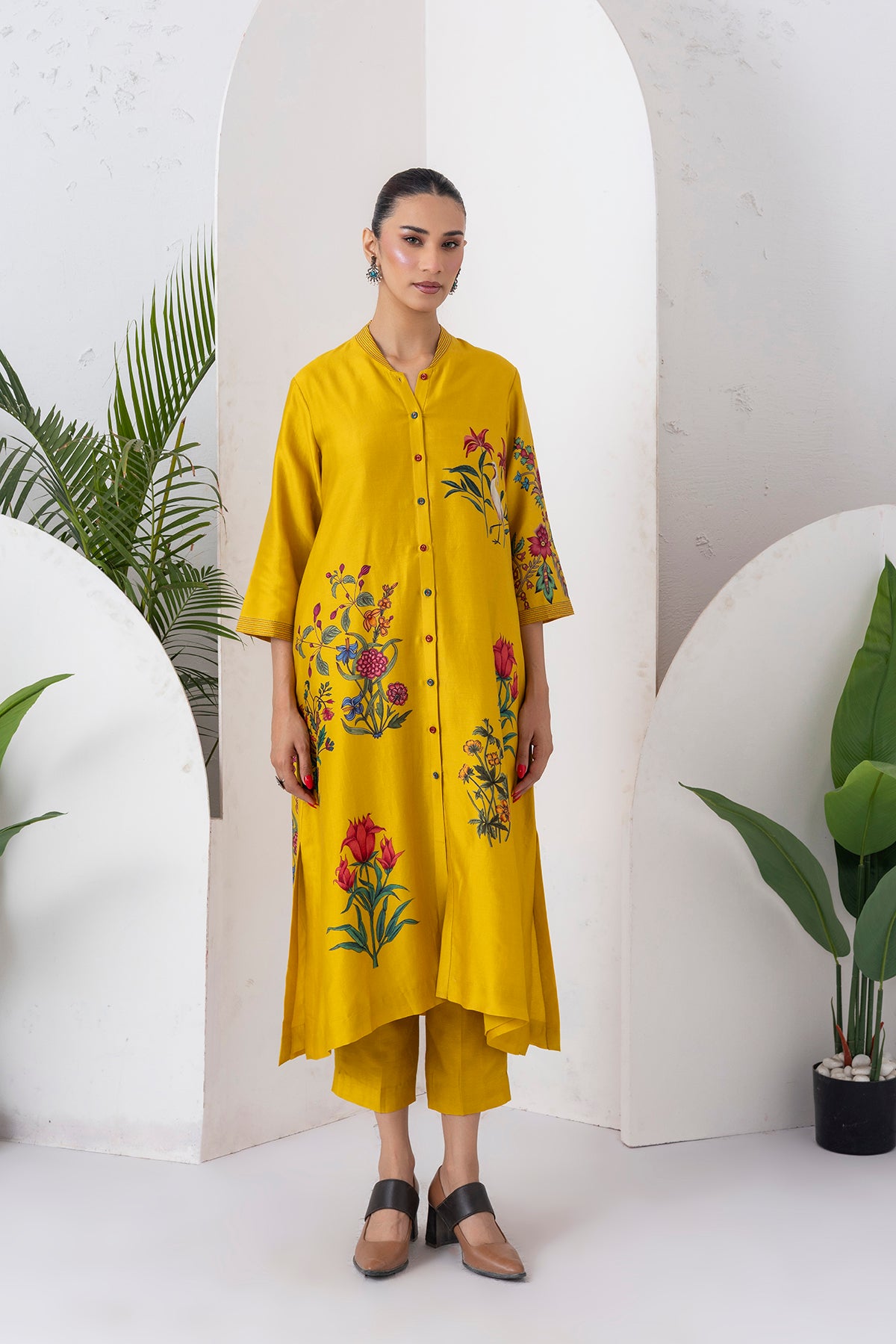 Yellow Silk Chanderi Floral Printed Front Open Dress