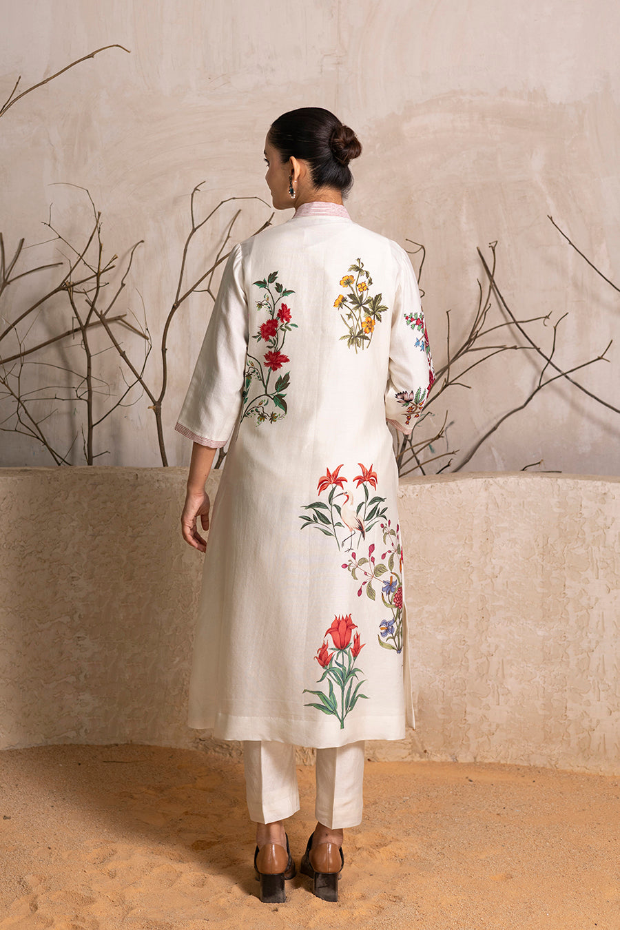 Ivory Silk Chanderi Floral Printed Front Open Dress