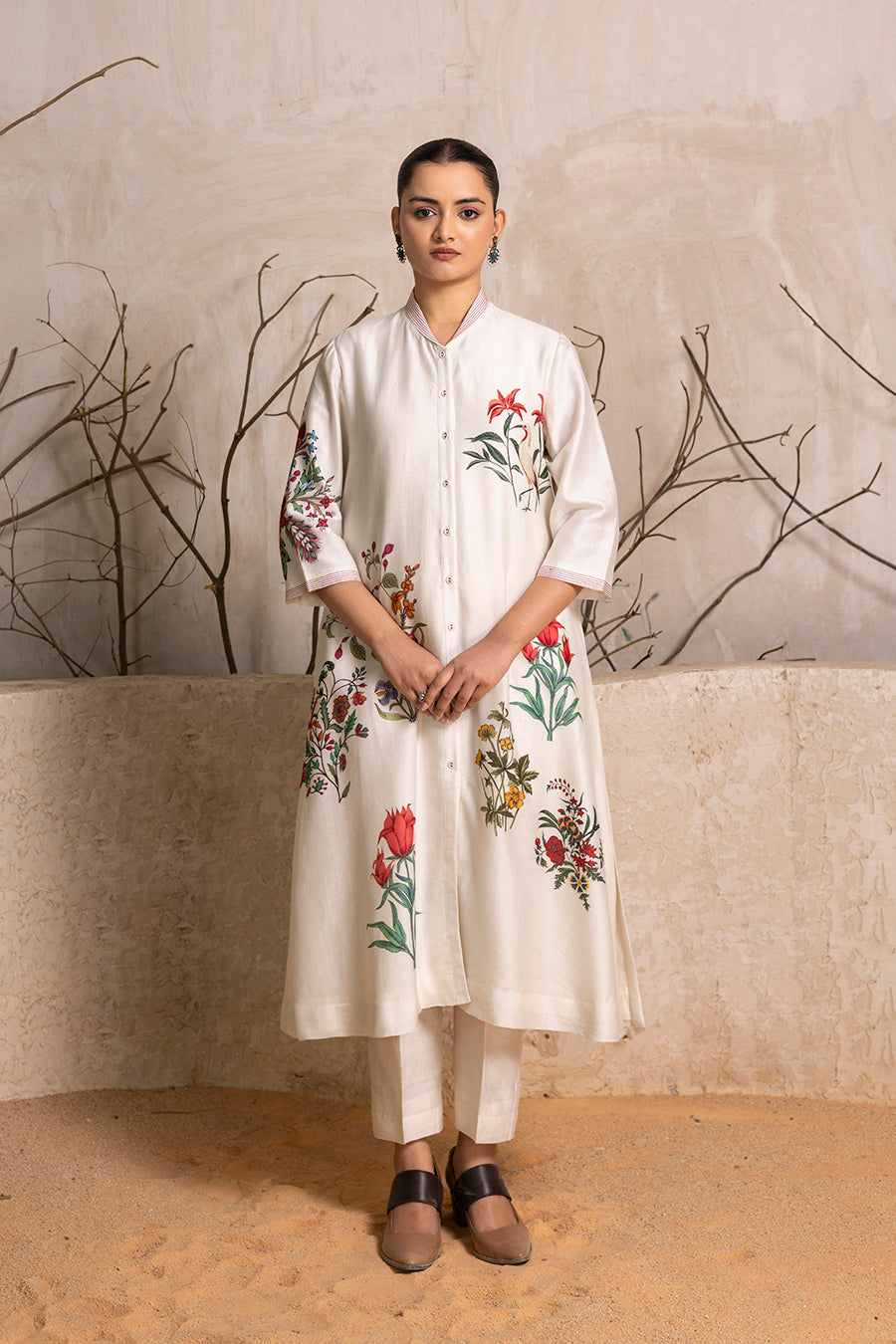 Ivory Silk Chanderi Floral Printed Front Open Dress