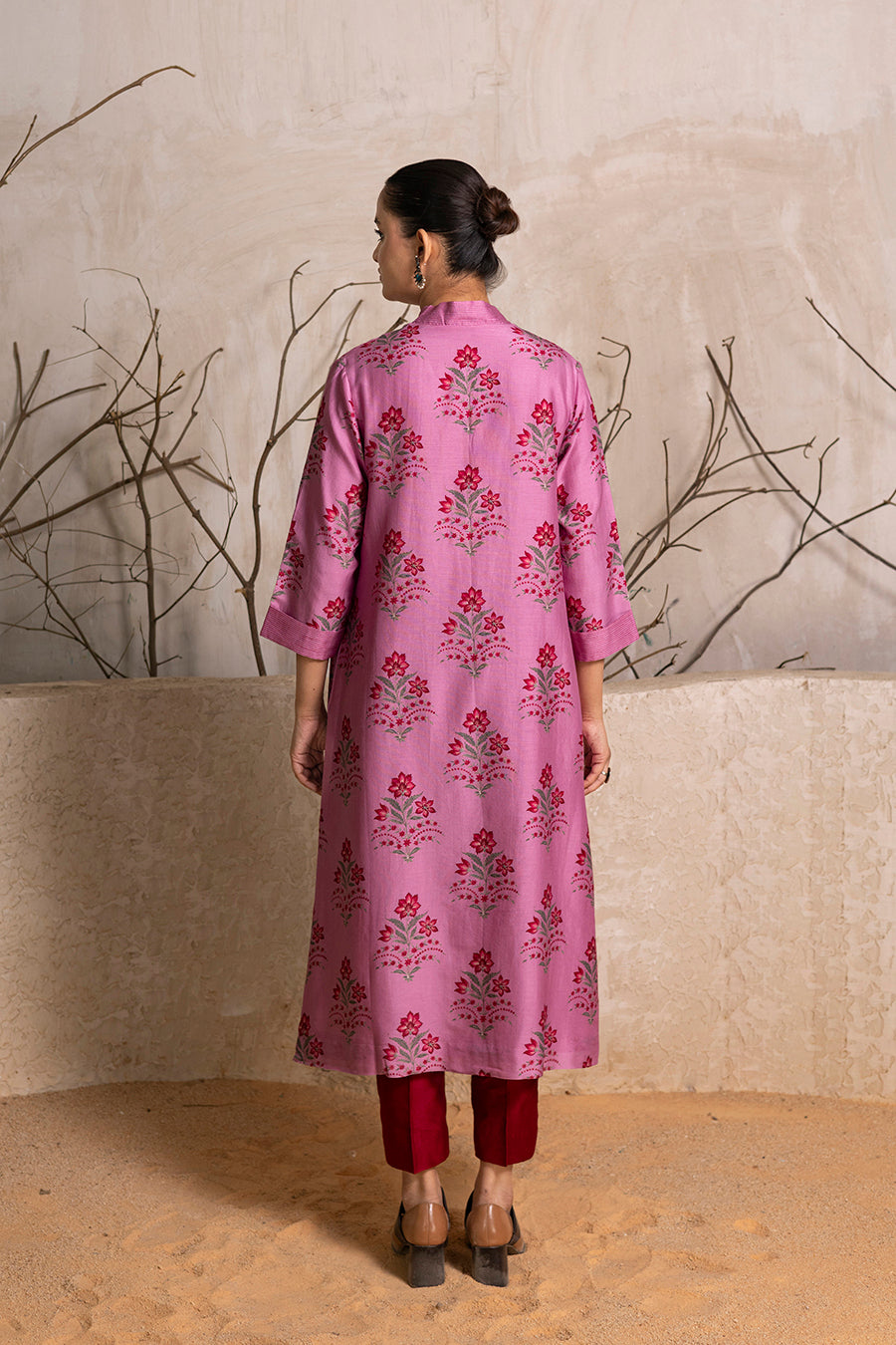Salmon Pink Silk Chanderi Floral Boota Printed Tunic