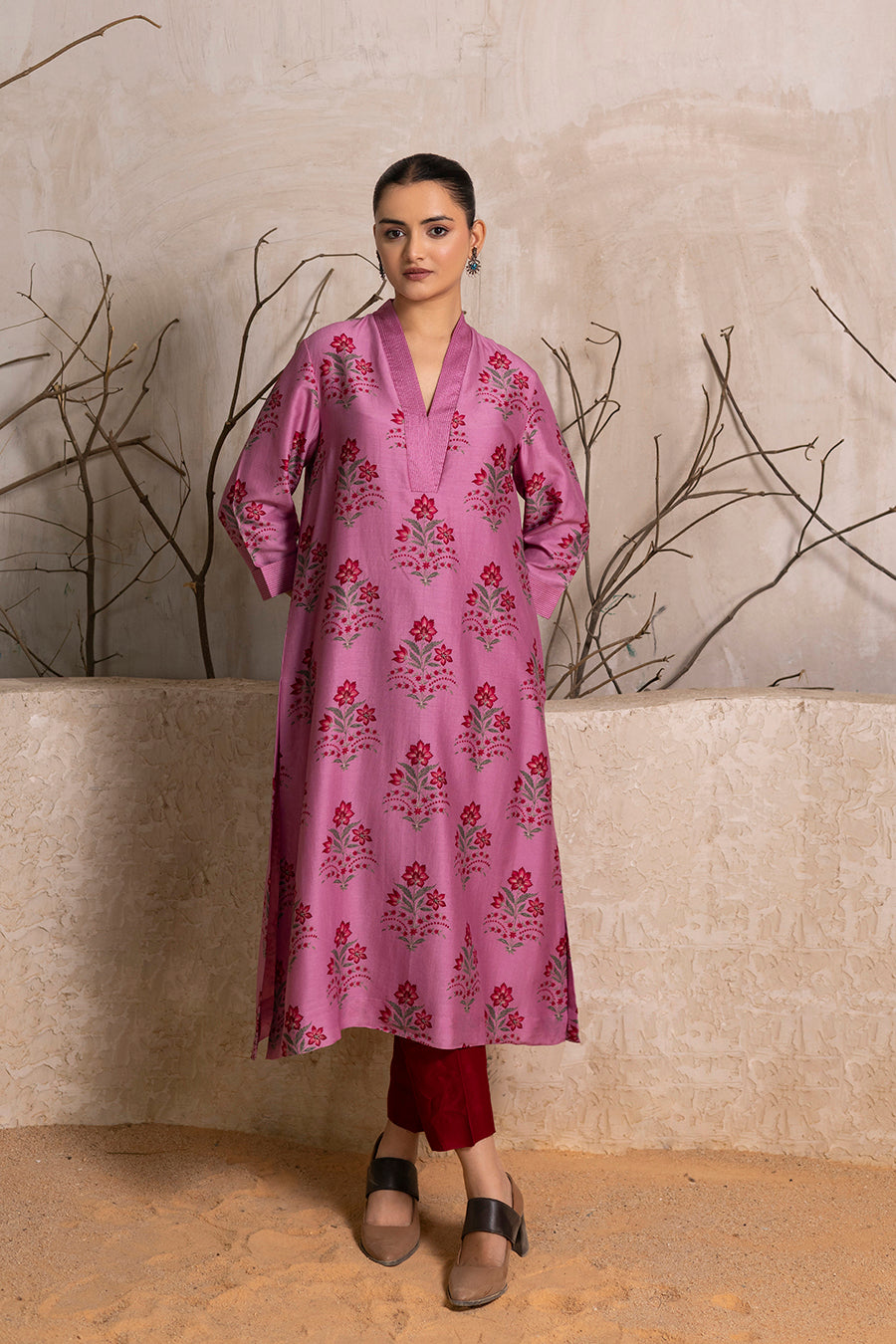 Salmon Pink Silk Chanderi Floral Boota Printed Tunic