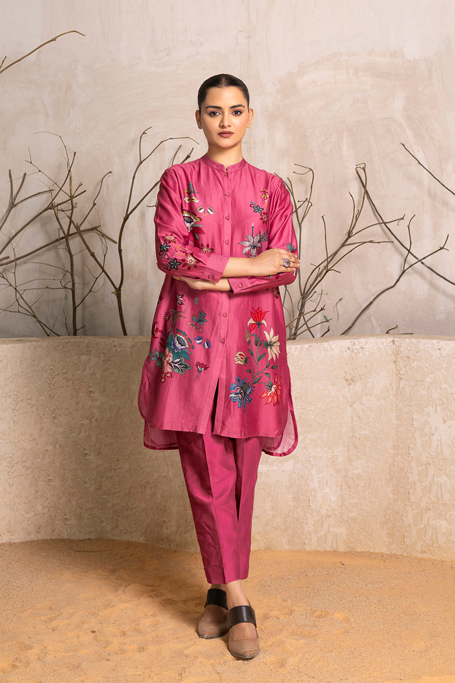 Old Rose Silk Chanderi Printed Shirt Style Tunic