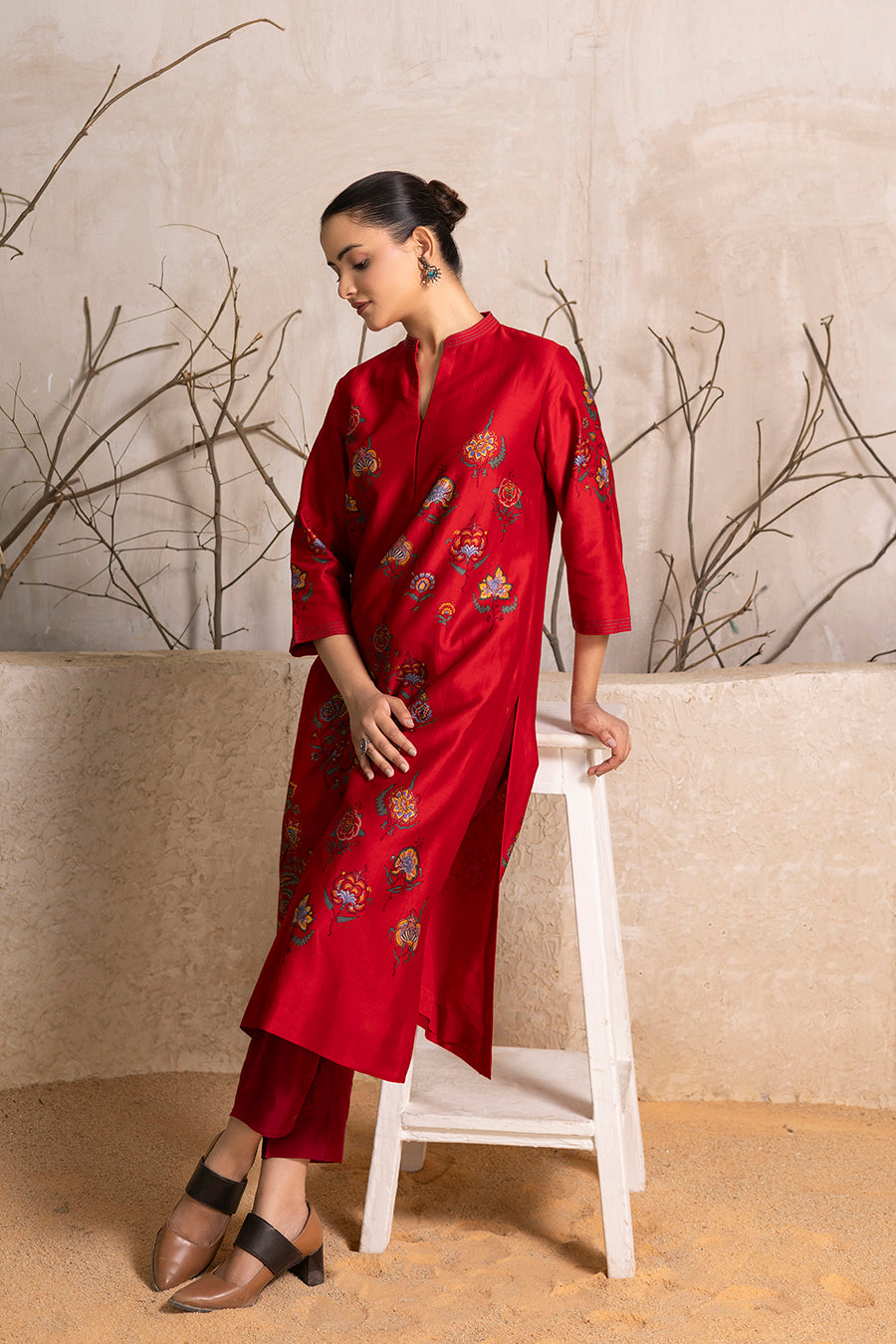 Bright Red Silk Chanderi Printed Tunic