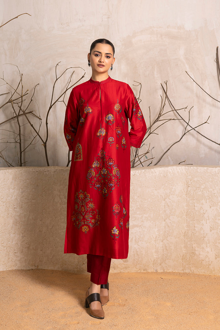 Bright Red Silk Chanderi Printed Tunic