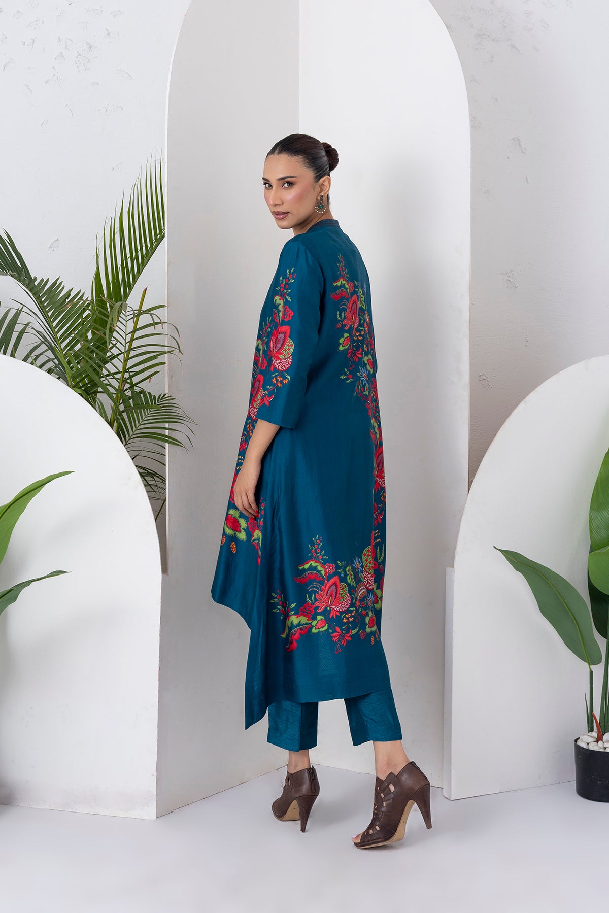 Indigo Silk Chanderi Printed Front Open Floral High-Low Dress