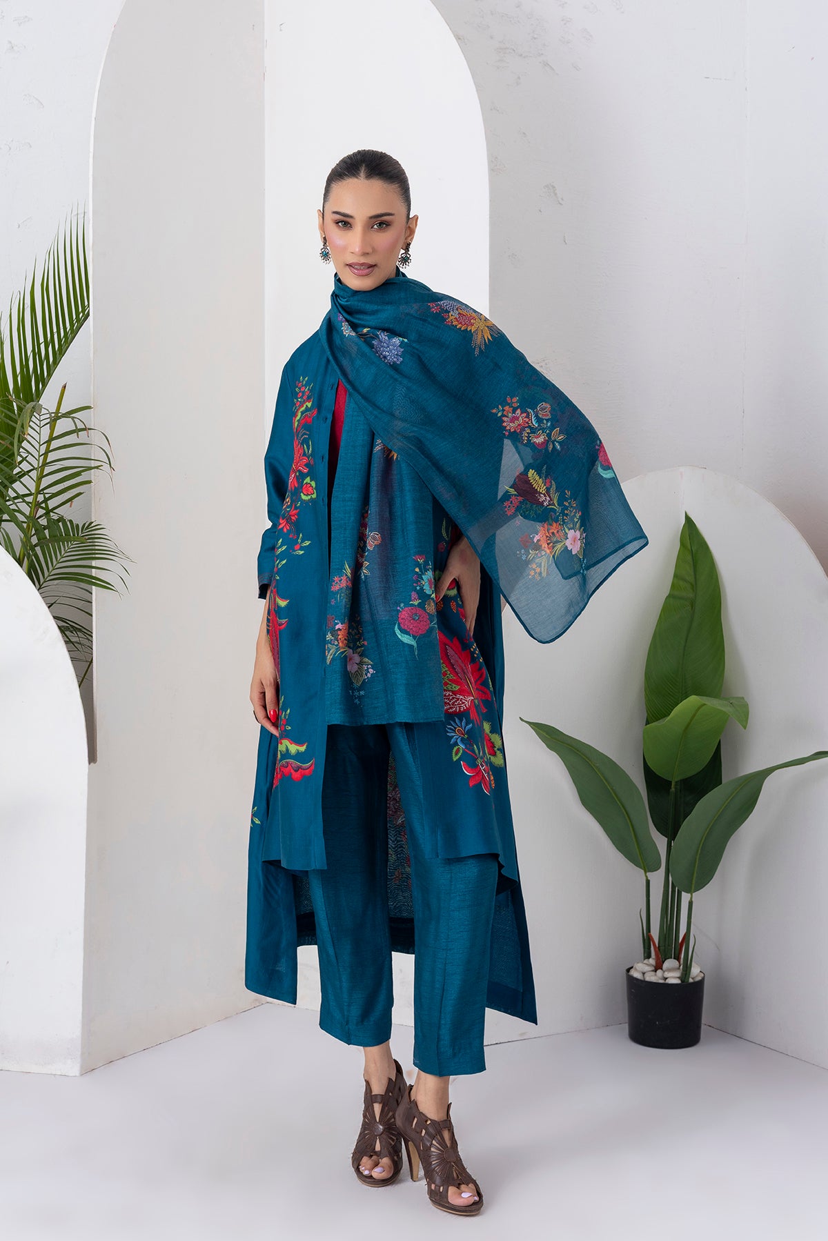 Indigo Silk Chanderi Printed Front Open Floral High-Low Dress
