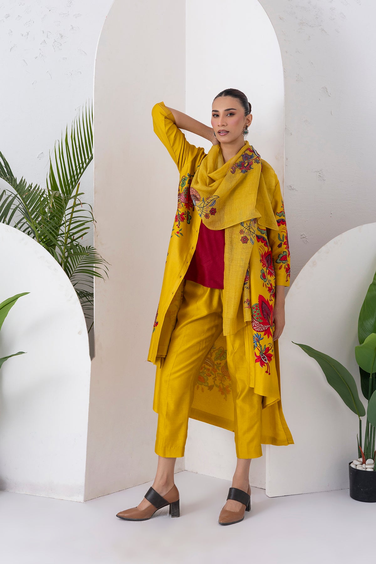 Yellow Silk Chanderi Printed Front Open Floral High-Low Dress
