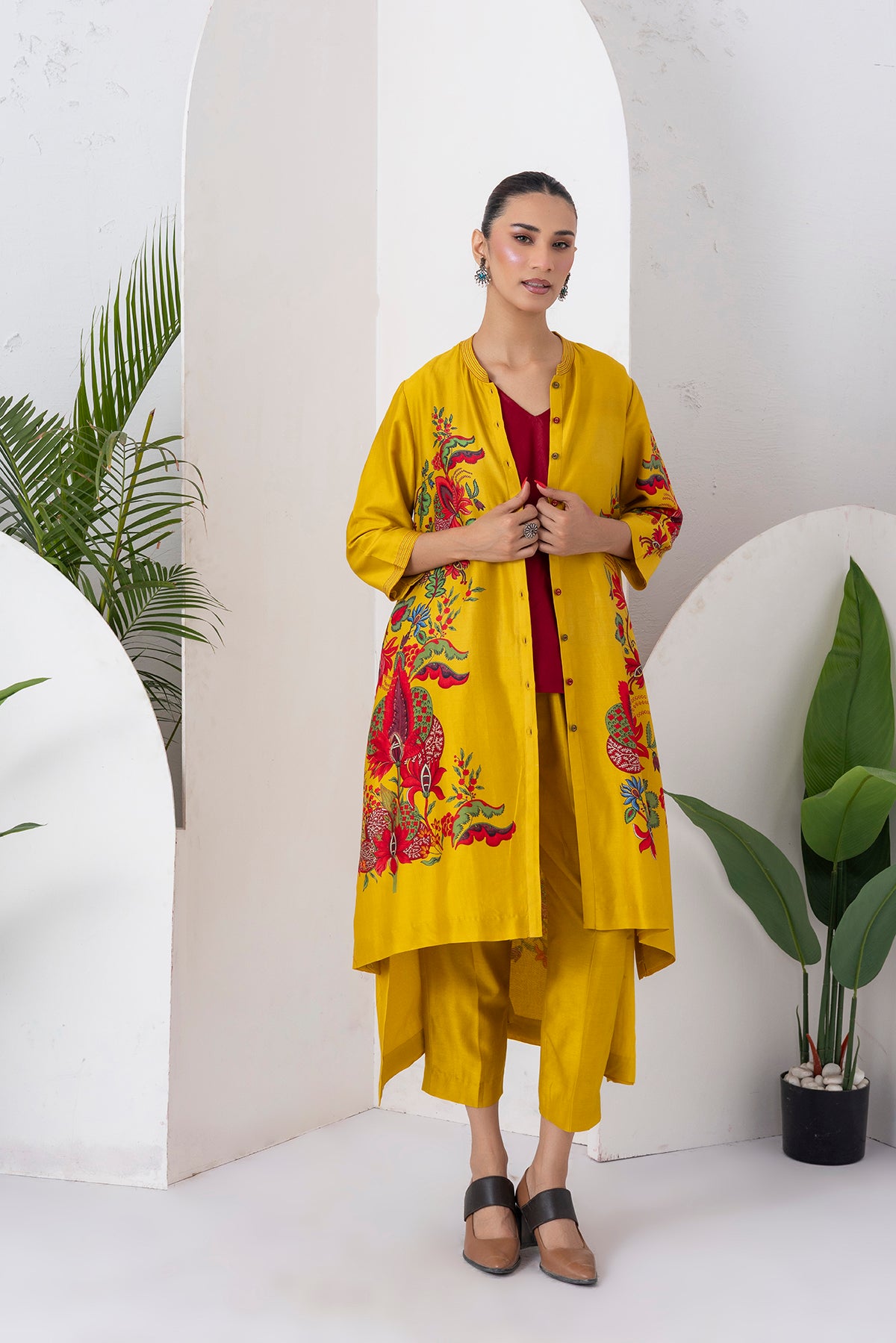 Yellow Silk Chanderi Printed Front Open Floral High-Low Dress