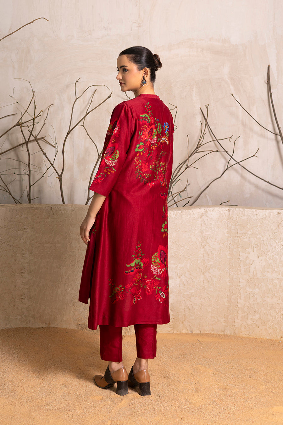 Red Silk Chanderi Printed Front Open Floral Dress