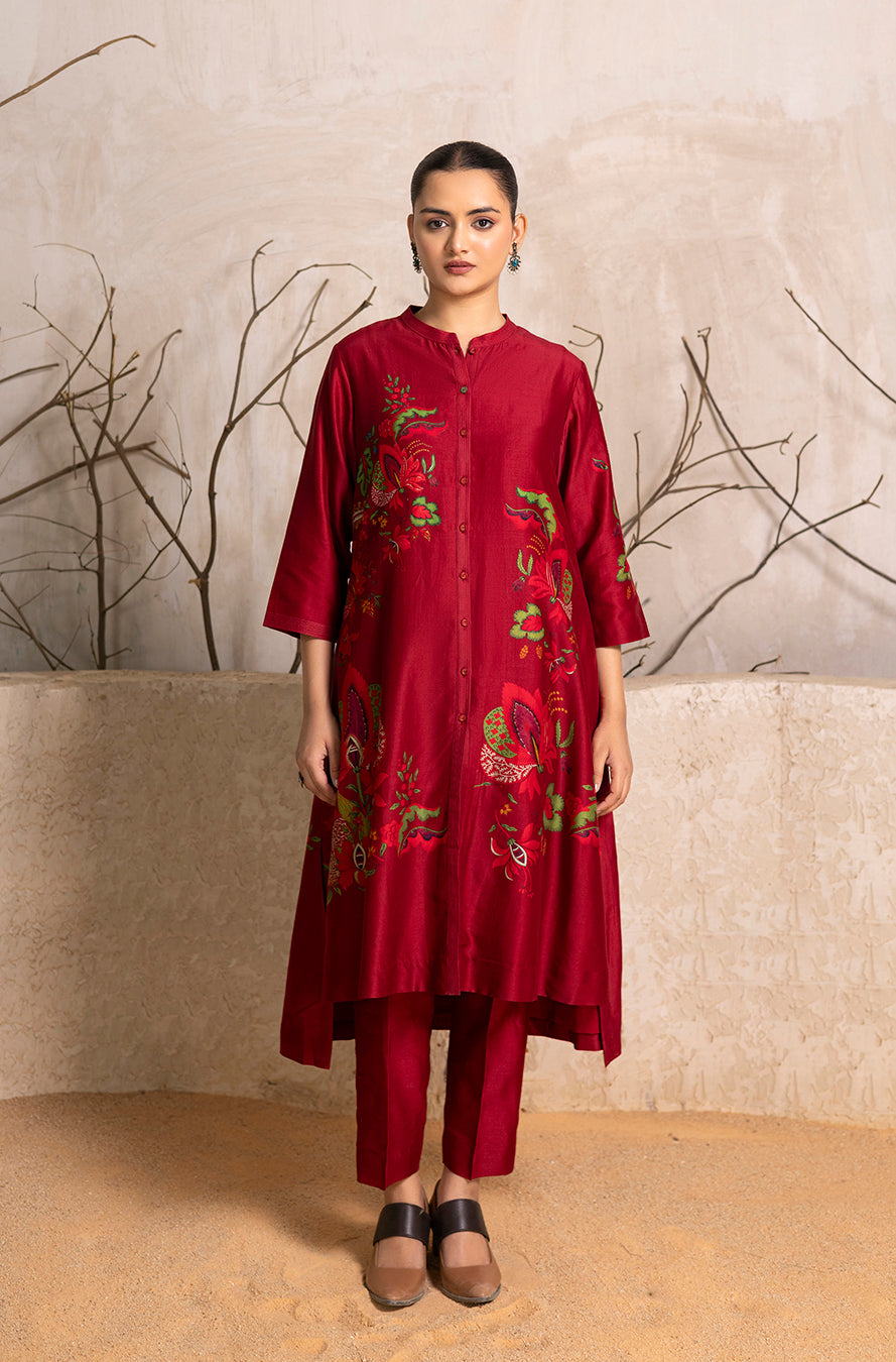 Red Silk Chanderi Printed Front Open Floral Dress