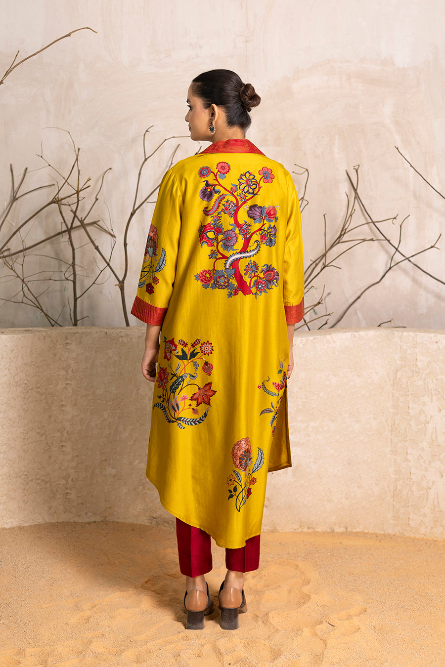 Yellow Silk Chanderi Chintz Printed Front Open Dress
