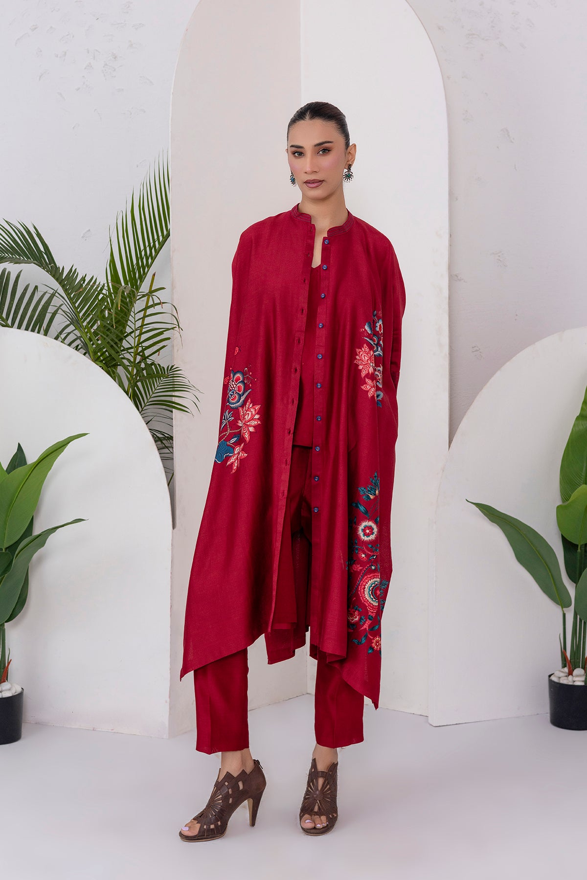 Maroon Silk Chanderi Printed Kaftan Style Dress