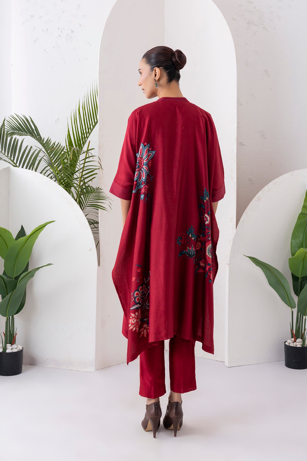 Maroon Silk Chanderi Printed Kaftan Style Dress