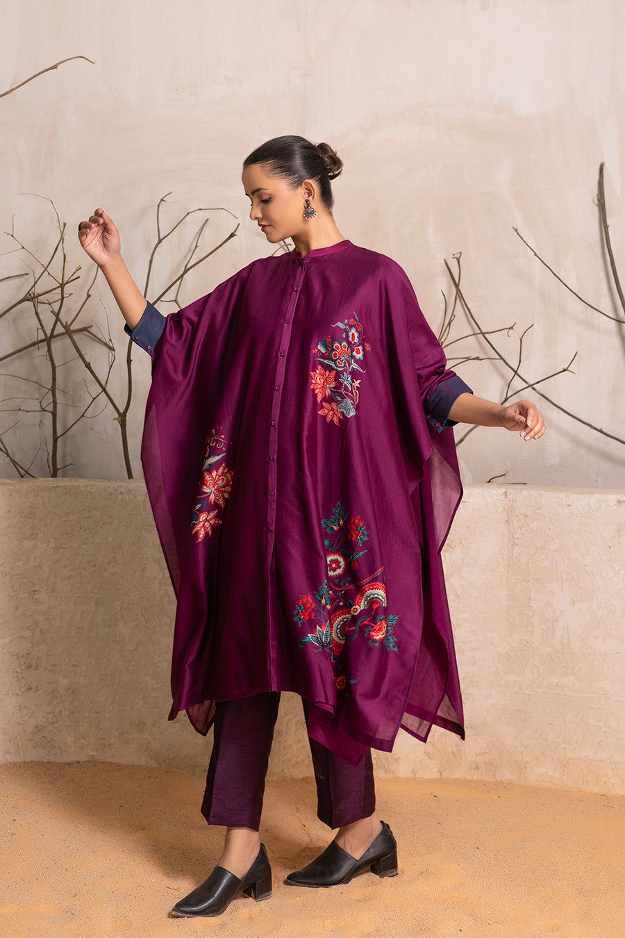 Wine Silk Chanderi Printed Kaftan Style Dress