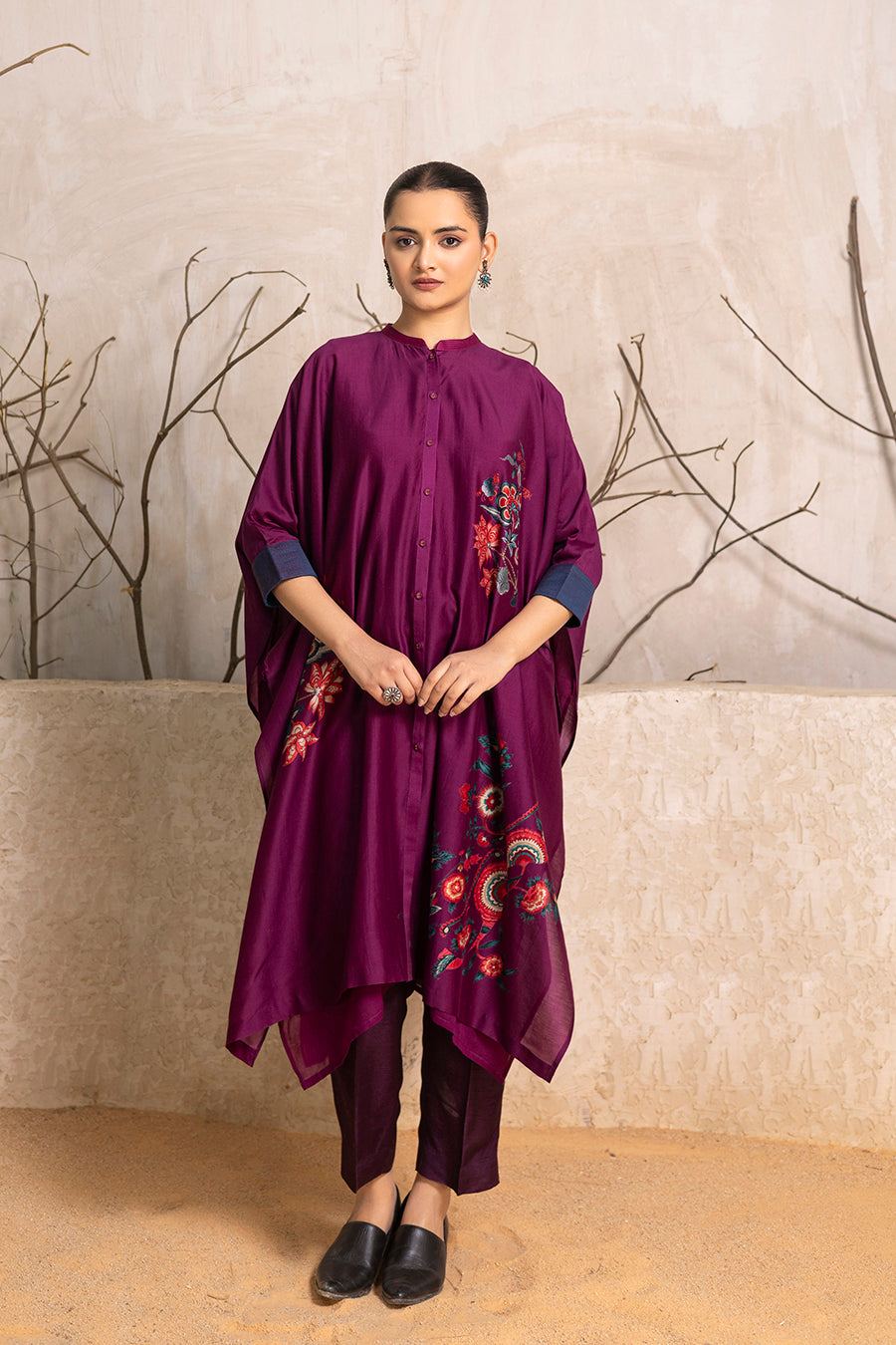 Wine Silk Chanderi Printed Kaftan Style Dress
