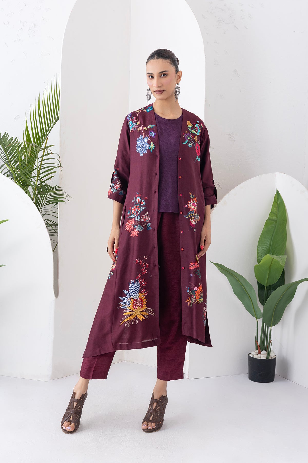 Chocolate Brown Silk Chanderi Printed High-Low Dress