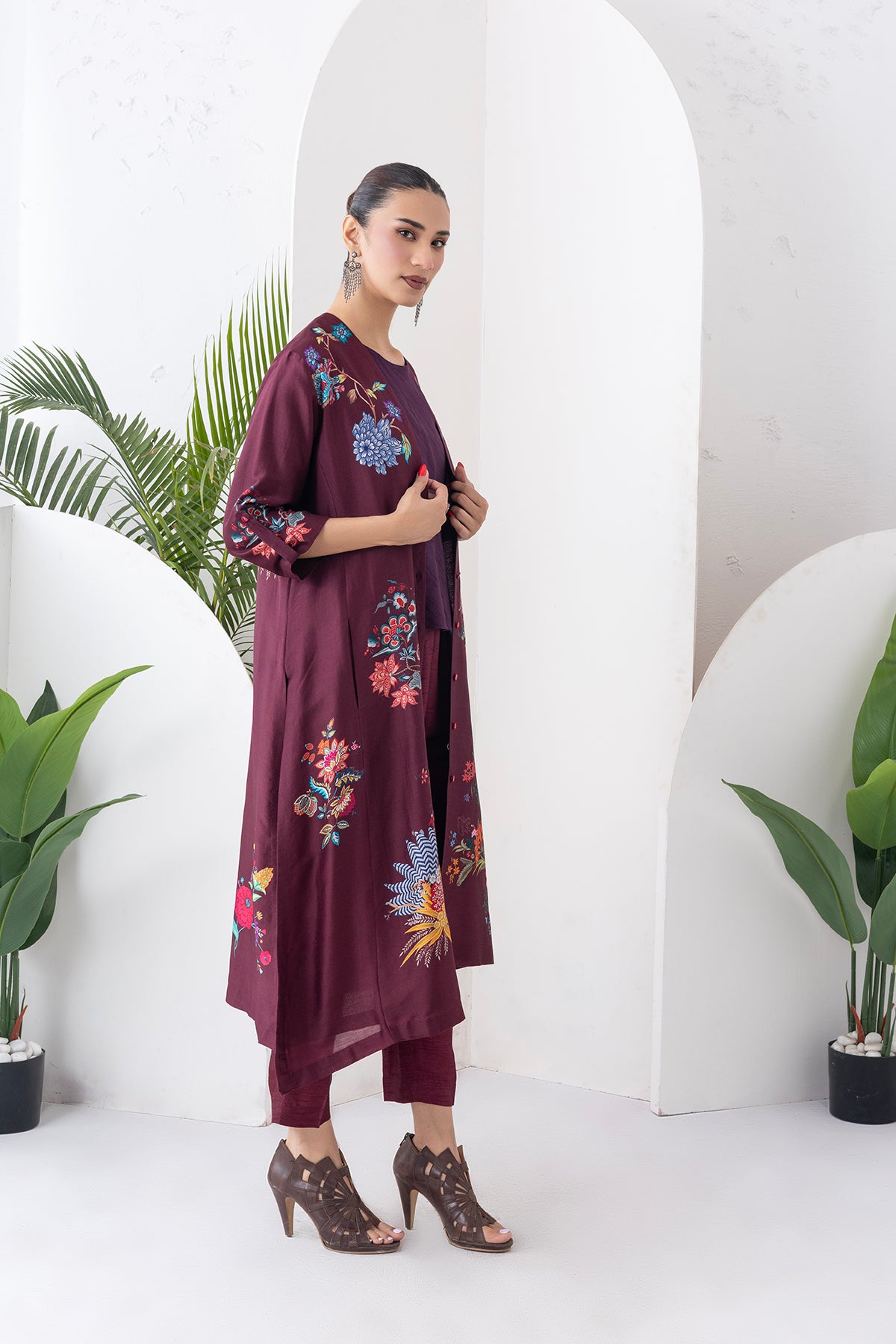 Chocolate Brown Silk Chanderi Printed High-Low Dress