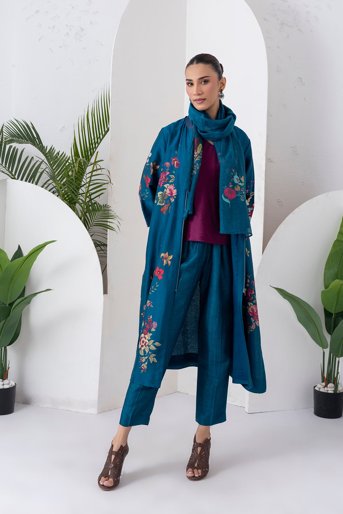 Indigo Silk Chanderi Floral Printed Front-Zip Dress