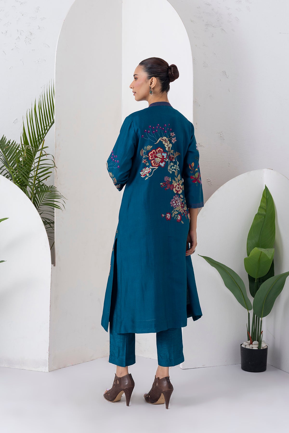 Indigo Silk Chanderi Floral Printed Front-Zip Dress