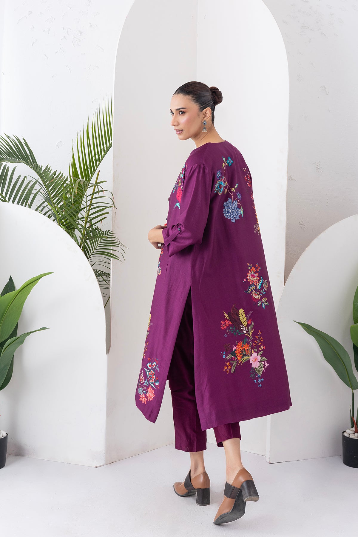 Wine Silk Chanderi Printed High-Low Dress