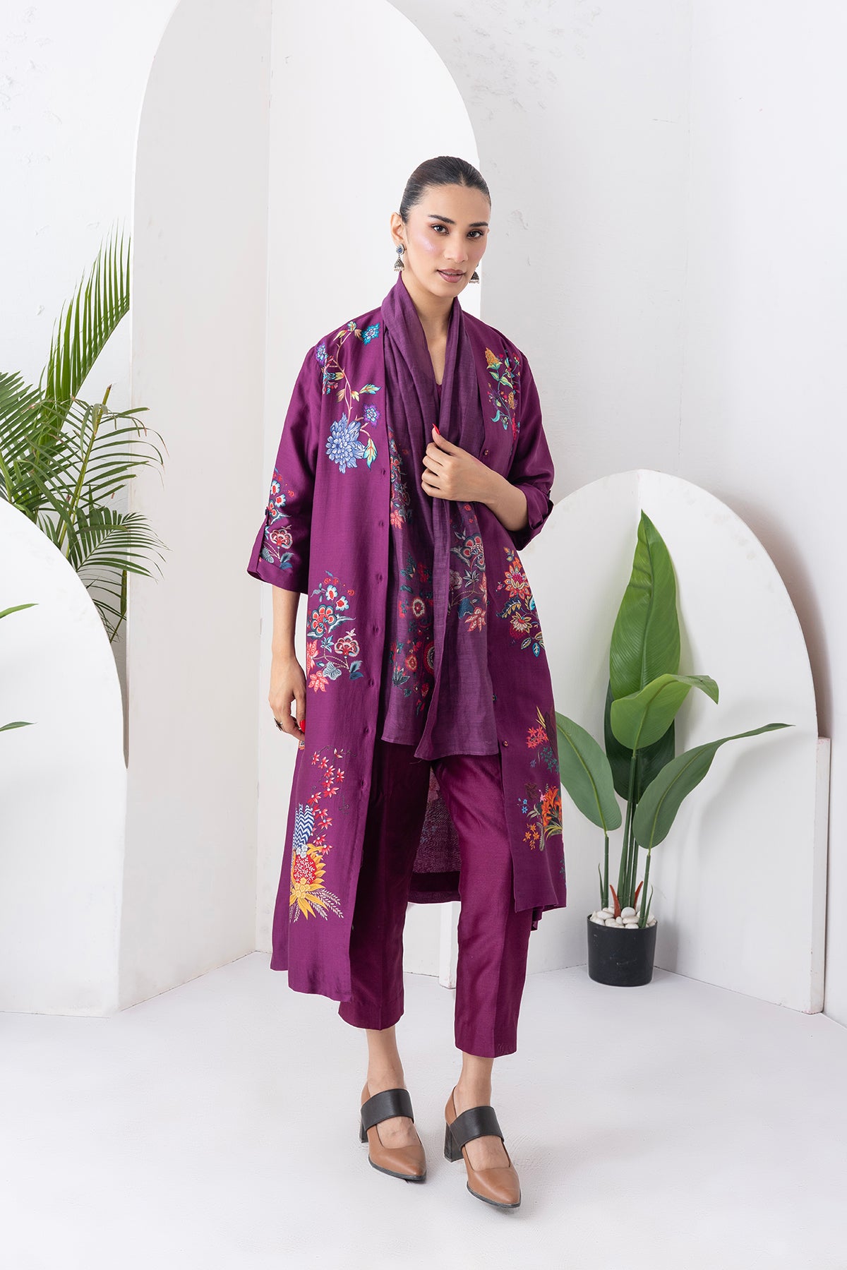 Wine Silk Chanderi Printed High-Low Dress